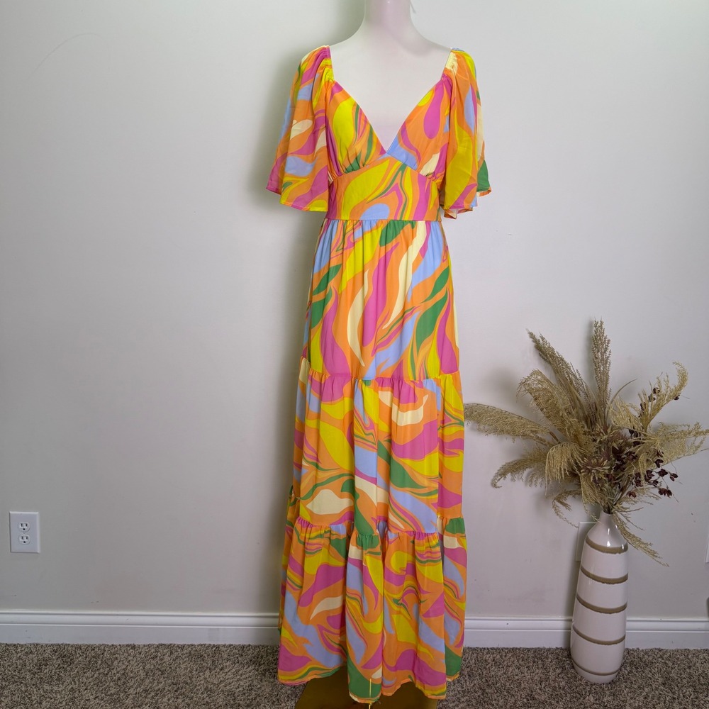 Lexi Jade's Size L Psychedelic Abstract Swirl Flutter Sleeve Tiered Maxi Dress